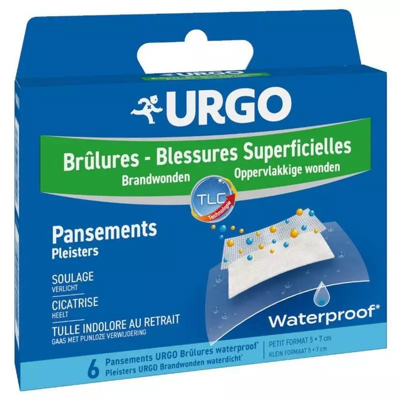 Vue de face, boîte de pansements stériles URGO 1869723 pour brûlures.