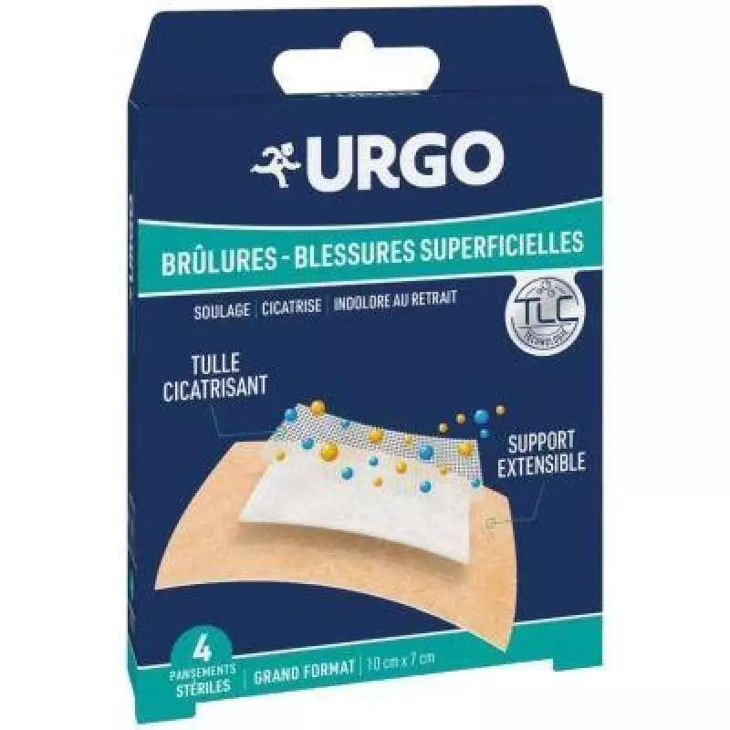 Paquet de 4 pansements Urgo pour brûlures et plaies superficielles, grand format 10x7 cm, stériles e