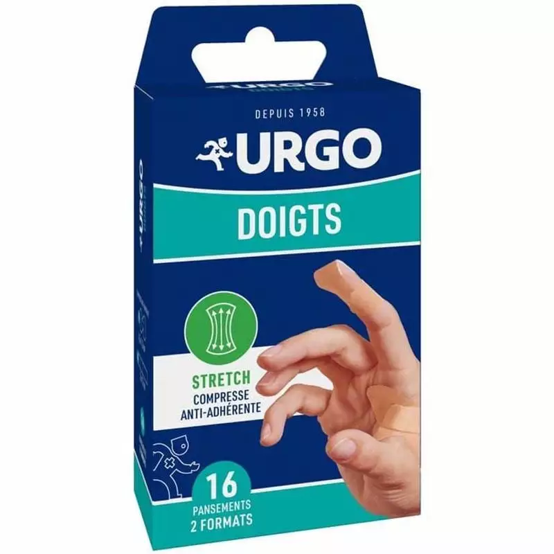 Packshot de la boîte de pansements Urgo Spécial Doigts, imperméables et extensibles, 16 pièces.