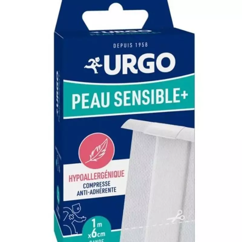 Packshot du rouleau de bande adhésive Urgo Peau Sensible+ 1m x 6cm pour peaux sensibles.