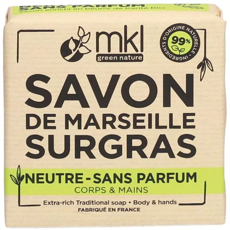 Packshot avant du savon MKL 1869712 Savon de Marseille Surgras Neutre 100g dans son emballage.