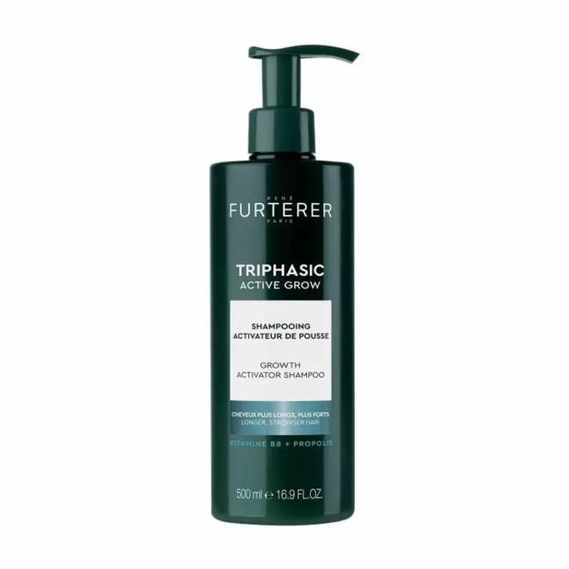 Packshot du shampooing René Furterer Triphasic Active Grow 500ml, flacon blanc et orange