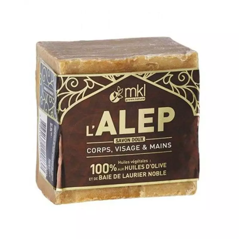 Packshot du savon d'Alep MKL Green Nature 1916862 200g, formule à l'huile d'olive et de laurier