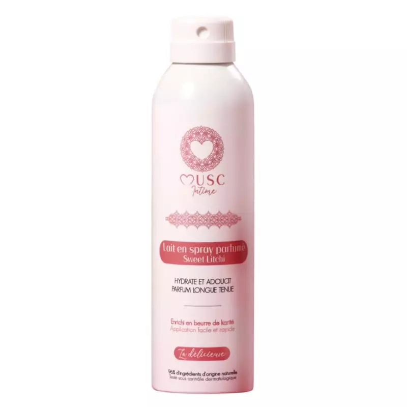 Packshot du lait corporel hydratant Musc Intime 1918017 en flacon blanc avec buse spray, sur fond ne