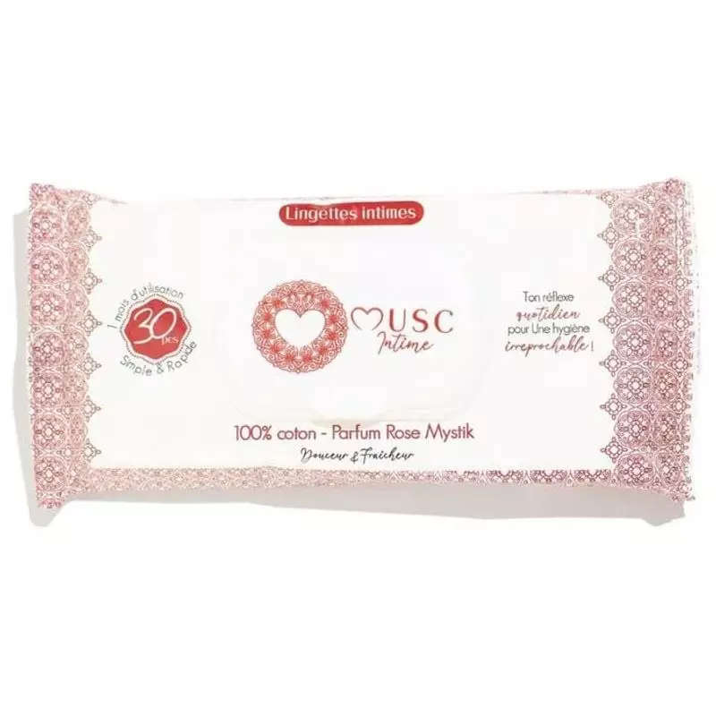 Packshot des lingettes intimes Musc Intime L'Envoûtante Rose Mystik présentant l'emballage du produi