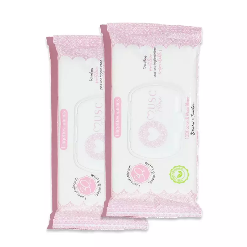 Packshot des lingettes intimes au Musc Blanc Musc Intime 1917998, montrant le devant de l'emballage.