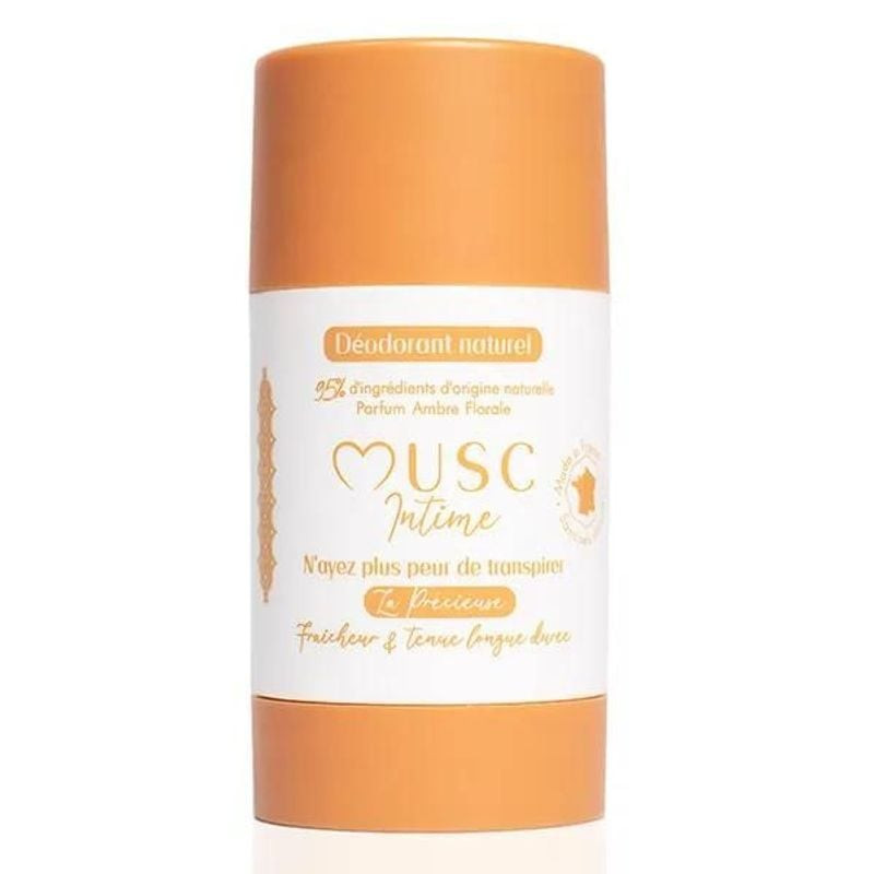 Packshot du Déodorant Solide Amber Flower La Précieuse de Musc Intime dans un stick compact avec une