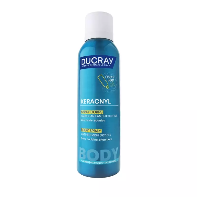 Flacon du spray corps anti-boutons Ducray Keracnyl sur fond blanc, packshot