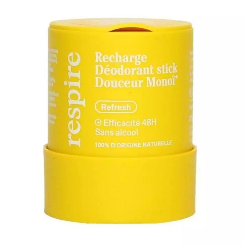 1985885 Recharge de déodorant stick Respire Monoï - verso avec liste d'ingrédients et allégations éc