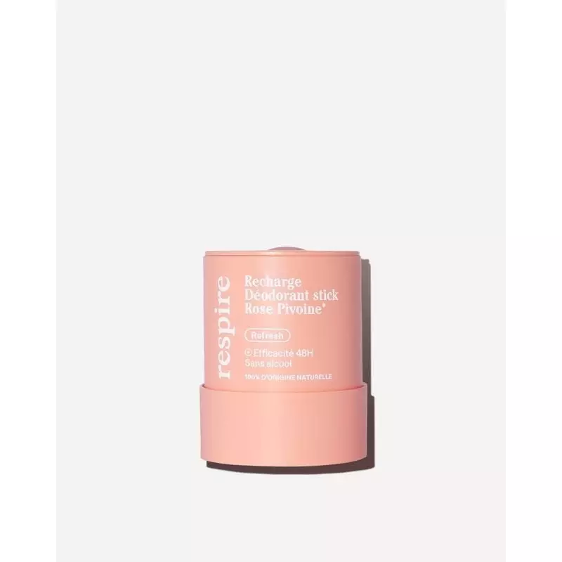 Vue de face de la recharge déodorant Respire Rose Pivoine montrant l'étiquette et le design du produ