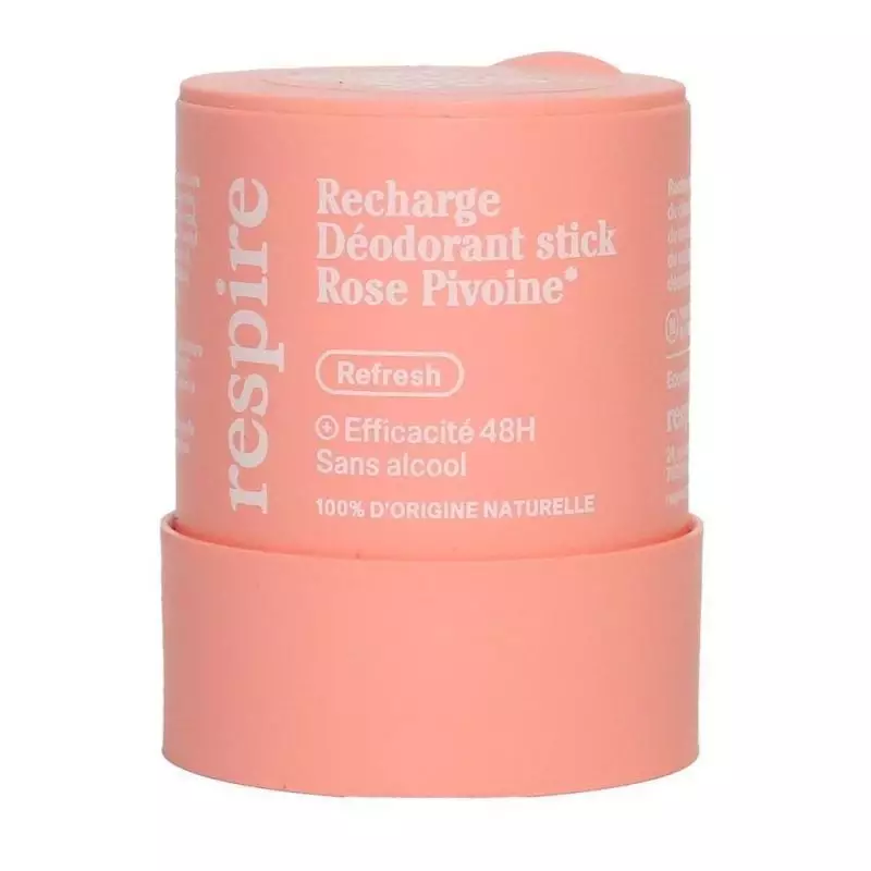 Vue latérale de la recharge Respire Pivoine Rose, format fin et compact.