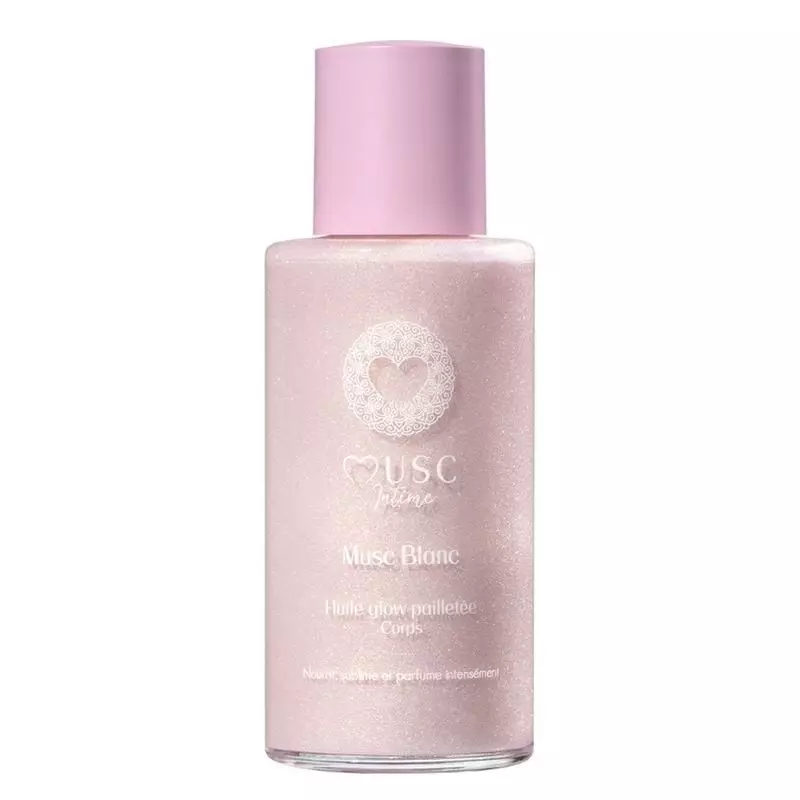 Packshot de l'Huile Glow 1985874 de Musc Intime montrant le flacon avec des reflets roses.