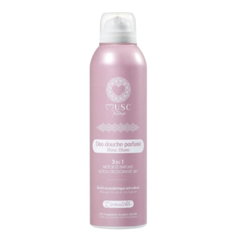 Gros plan du flacon Musc Intime Le Musc Blanc Déo-Douche 200ml avec un emballage blanc et argent.