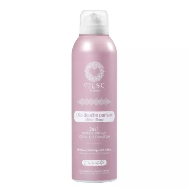 Gros plan du flacon Musc Intime Le Musc Blanc Déo-Douche 200ml avec un emballage blanc et argent.