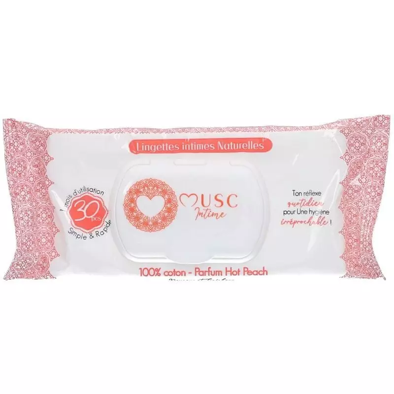 Packshot des lingettes intimes Musc Intime Hot Peach montrant l'étiquette avant avec un motif pêche.