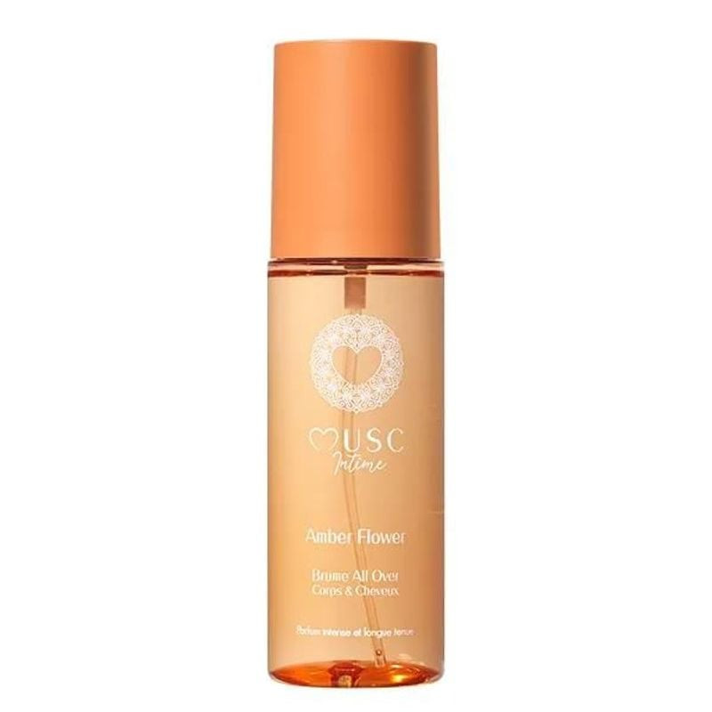 Packshot de la brume 3-en-1 corps et cheveux Amber Flower de Musc Intime (1985862) en flacon spray.