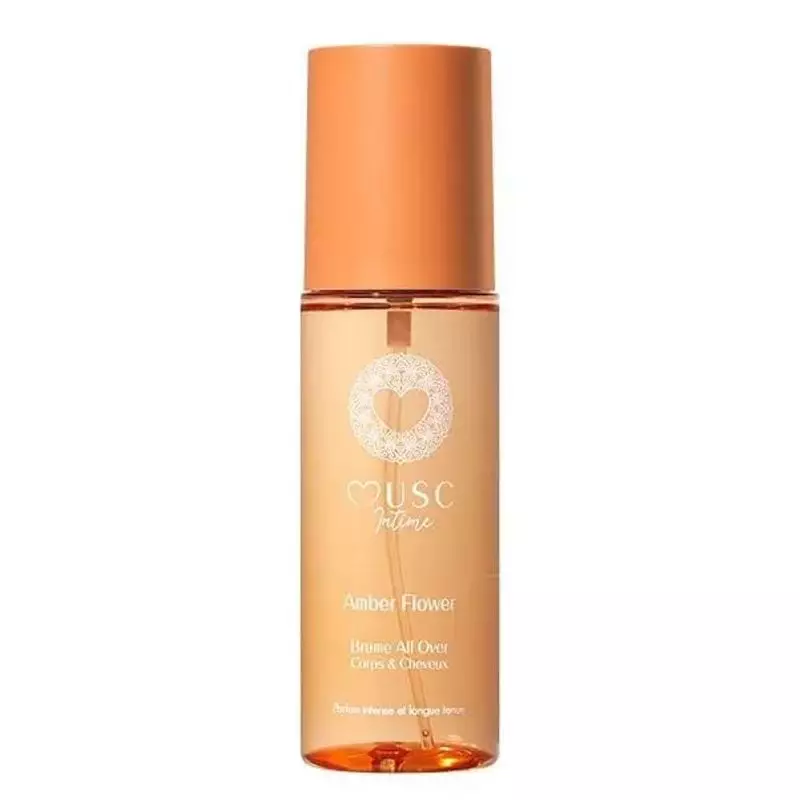 Packshot de la brume 3-en-1 corps et cheveux Amber Flower de Musc Intime (1985862) en flacon spray.