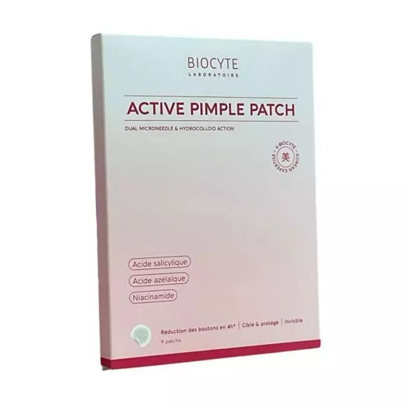 Packshot du patch anti-imperfections actif Biocyte montrant l'emballage et le design du produit.