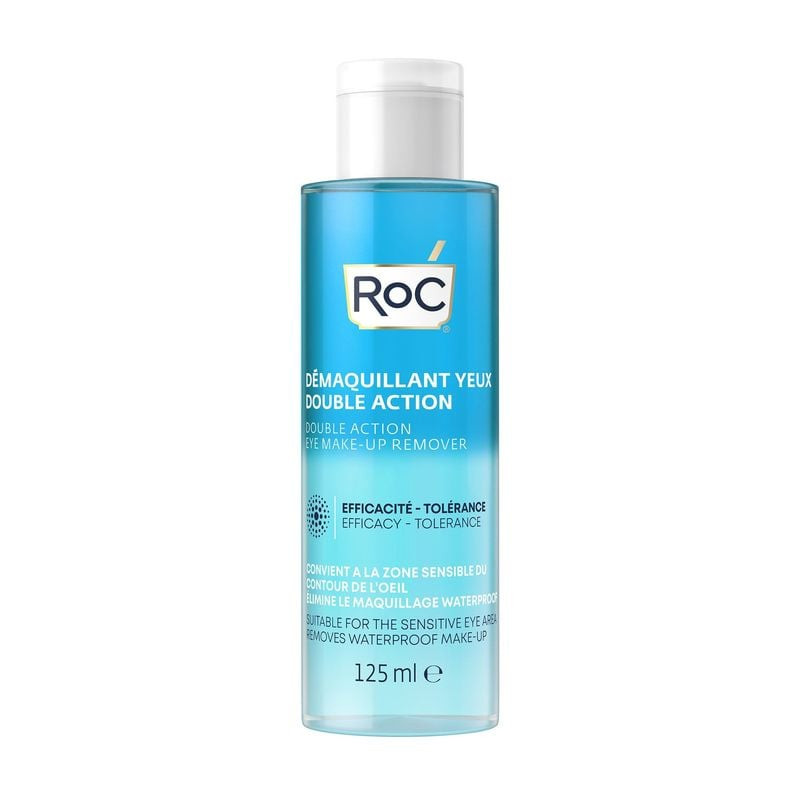 RoC 1987237 démaquillant biphasé pour yeux sensibles, flacon de 125 ml sur fond blanc