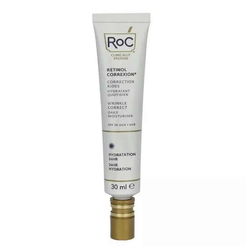 Présentation du dos de l'étiquette du Soin Hydratant SPF30 RoC Correct Rides avec les détails du pro