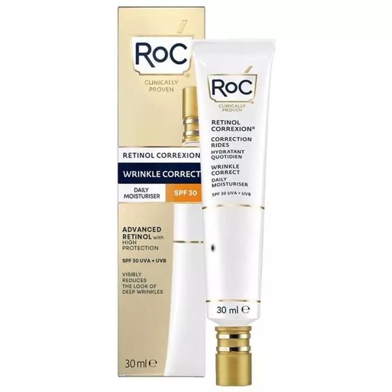 Packshot du tube de la crème hydratante quotidienne anti-rides RoC Correct Rides SPF30, vue de face