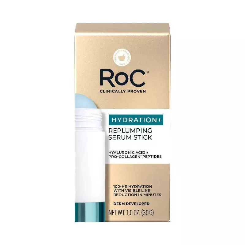 Emballage du stick sérum repulpant RoC avec ingrédients et bienfaits.