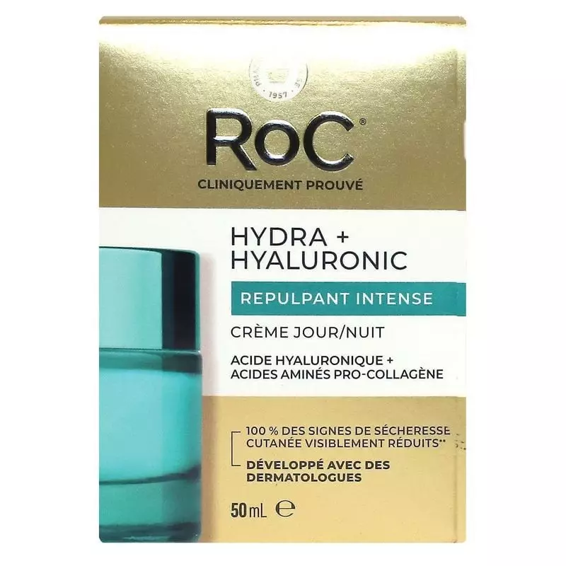Vue avant du pot de soin RoC Hydra+ Hyaluronic 50ml montrant les détails du produit.
