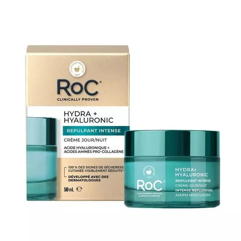 Pot de la crème jour et nuit RoC Hydra+ Hyaluronic 50 ml avec couvercle blanc sur fond blanc.