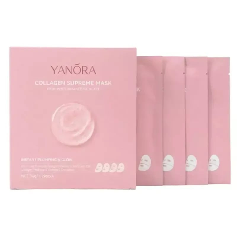 Packshot du masque hydrogel Yanora Collagène Supreme, emballage avec formule clean et actifs marins.