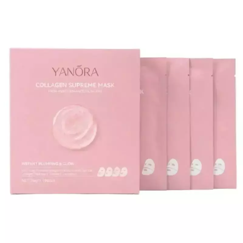 Packshot du masque hydrogel Yanora Collagène Supreme, emballage avec formule clean et actifs marins.