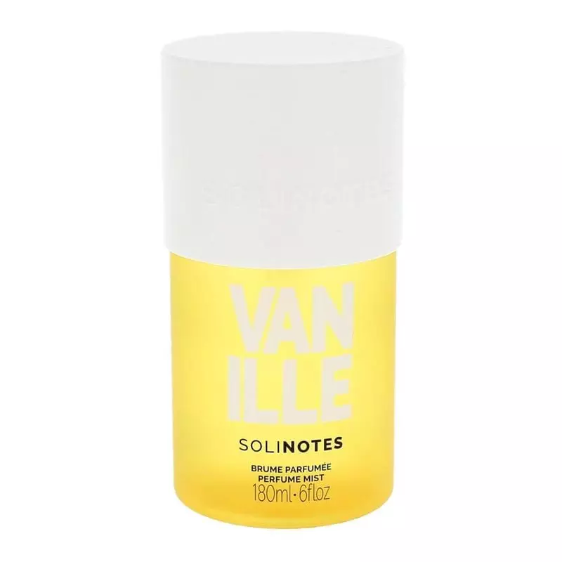 Brume parfumée Vanille Solinotes dans un flacon transparent avec un capuchon argenté, sur fond rose 