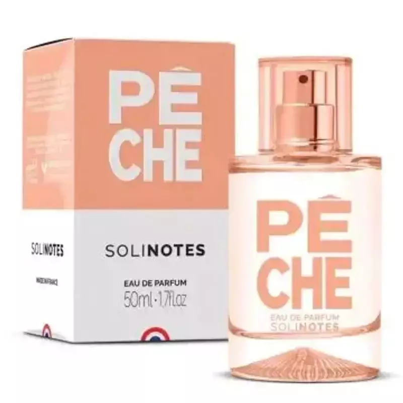 Packshot du flacon Solinotes Pêche vu de côté, mettant en valeur son design élégant et son jus doré.