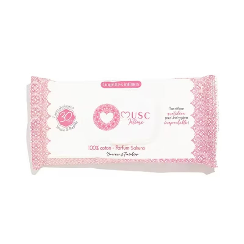 Packshot des lingettes intimes naturelles Musc Intime 1990158 au parfum sakura, montrant le design d