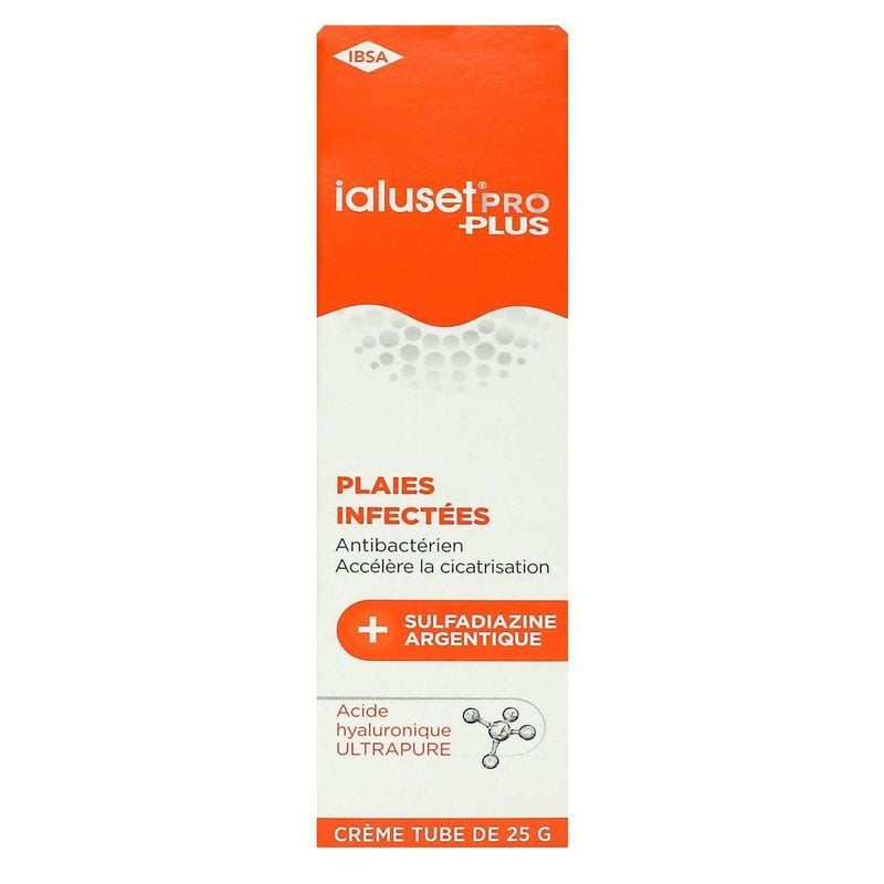 Packshot du tube de crème cicatrisante Ialuset Pro Plus d'IBSA, à l'acide hyaluronique et à la sulfa