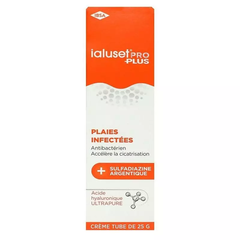 Packshot du tube de crème cicatrisante Ialuset Pro Plus d'IBSA, à l'acide hyaluronique et à la sulfa