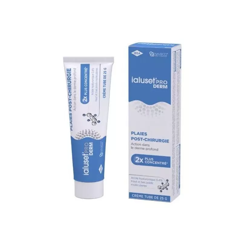 Vue de face de l'emballage du tube Ialuset Pro Derm 25g montrant le nom du produit et la formule à l