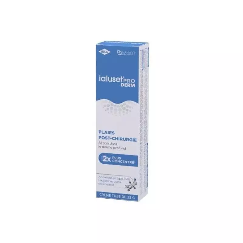 Vue arrière du tube Ialuset Pro Derm 25g affichant les instructions d'utilisation et les ingrédients