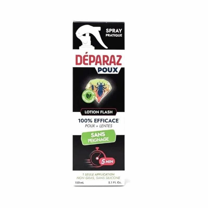 Emballage du flacon Déparaz Poux Lotion Flash 150ml sur fond blanc avec le nom du produit et la marq