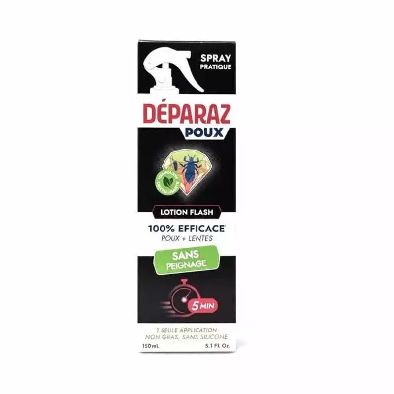 Emballage du flacon Déparaz Poux Lotion Flash 150ml sur fond blanc avec le nom du produit et la marq