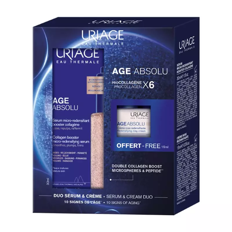 Coffret Uriage Age Absolu sérum boosteur de collagène et crème redensifiante, en packshot