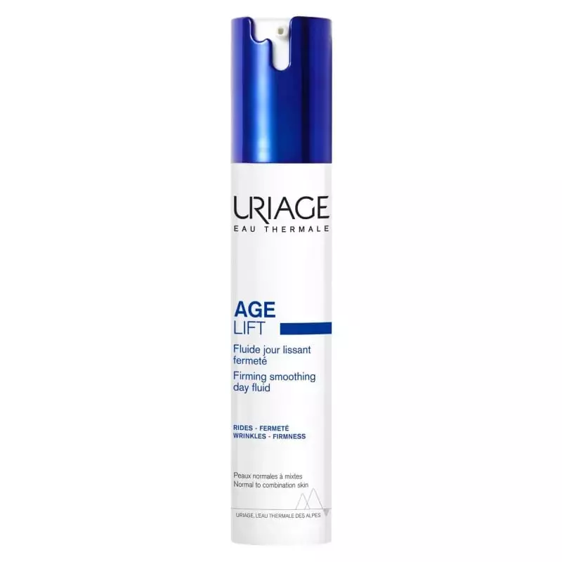 Fluide jour lissant fermeté Uriage AGE LIFT en emballage blanc et bleu