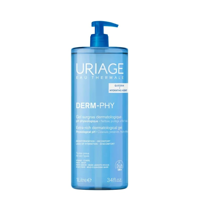 Gel nettoyant dermatologique Uriage Derm-Phy dans un flacon blanc avec des accents bleus.