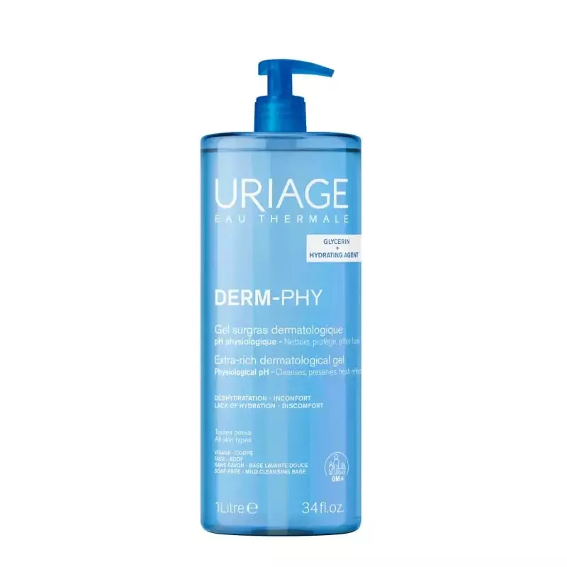 Gel nettoyant dermatologique Uriage Derm-Phy dans un flacon blanc avec des accents bleus.