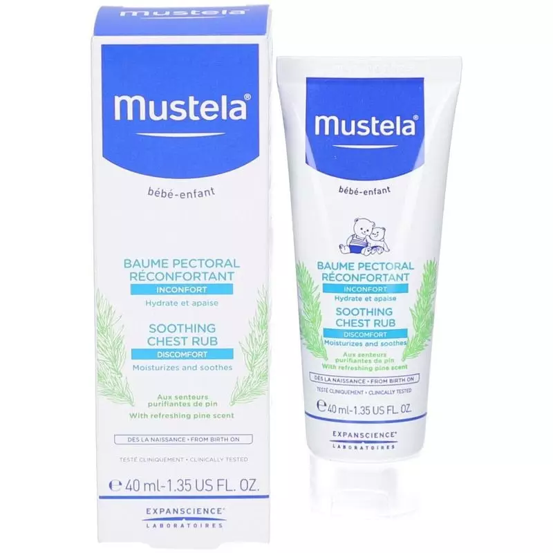 Packshot arrière du Baume Pectoral Réconfortant Mustela 1991762, affichant les informations produit 