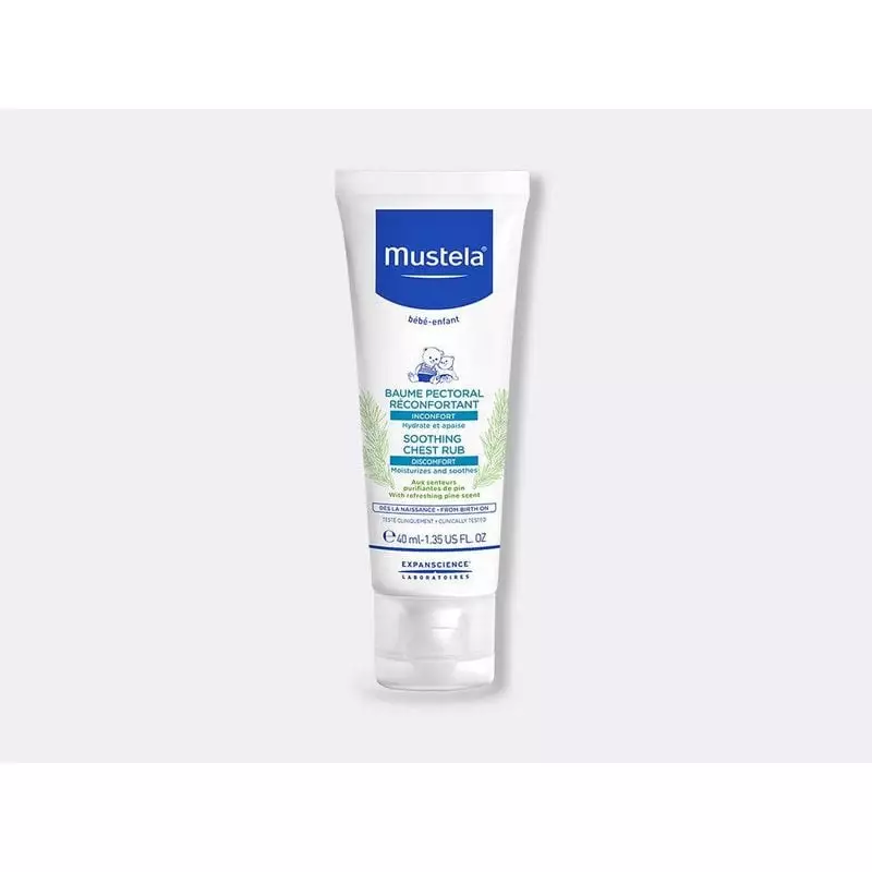 Packshot avant du Baume Pectoral Réconfortant Mustela 1991762, montrant le tube avec des motifs de p