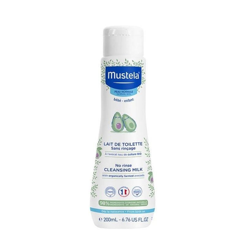 Flacon de Lait de toilette sans rinçage Mustela 200 ml pour un nettoyage doux du visage et du siège 