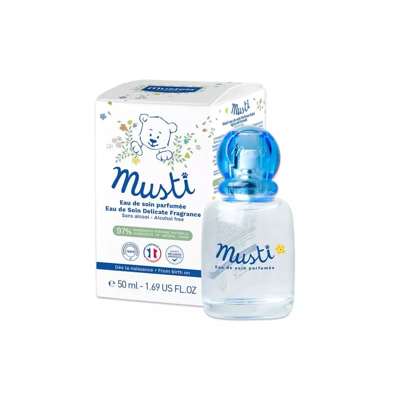 Flacon de Mustela Eau de Senteur douce sans alcool, vue de face avec étiquette