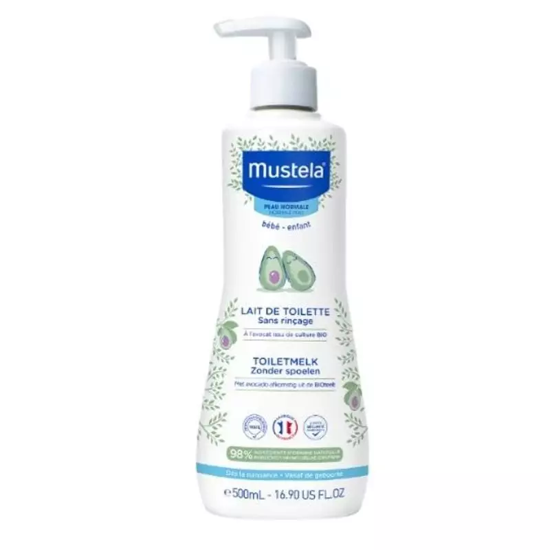 Packshot du flacon de lait de toilette sans rinçage à l'avocat bio Mustela 500ml