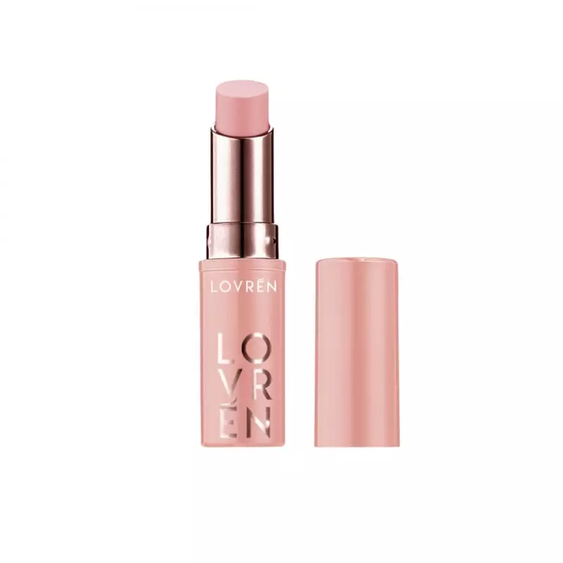 Lovren LB1 Baume à lèvres teinté Color Boost Nude en angle montrant le mécanisme à visser et le baum