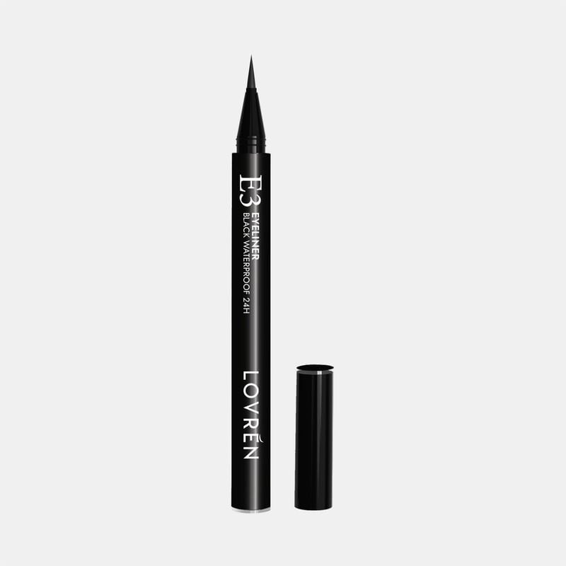 Packshot de l'eyeliner noir liquide Lovren à la formule waterproof dans un tube noir élégant.